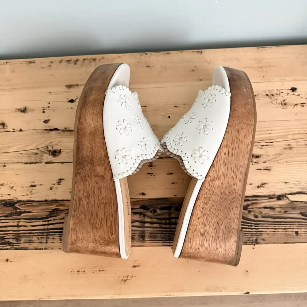 Jack Rogers Wedge Sandals 9 White Leather Wood Heel Brazil Summer Resort